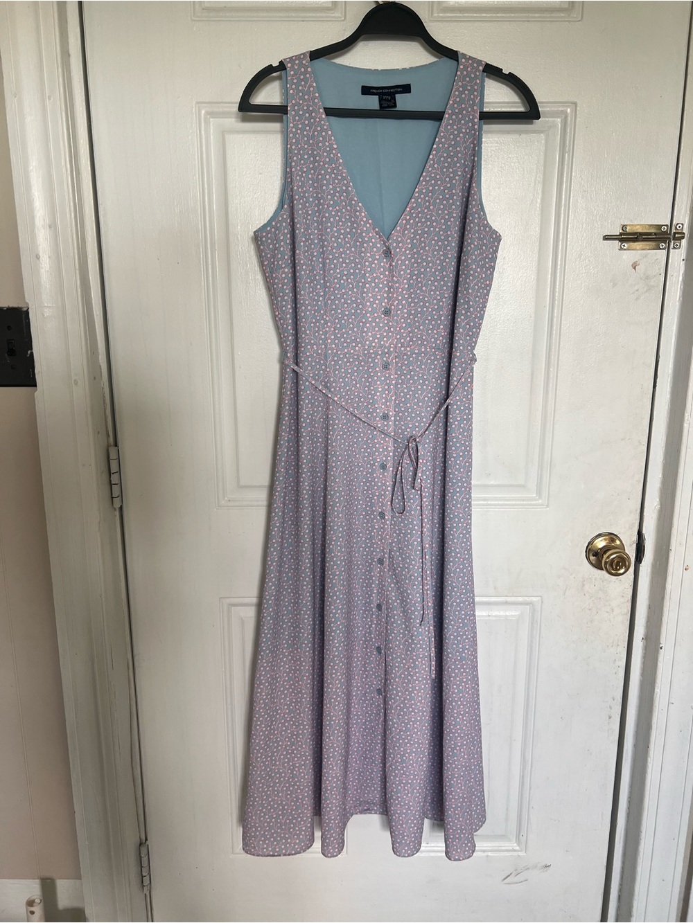 French Connection | Blue & Purple Floral Tie-Waist V-Neck Midi Dress